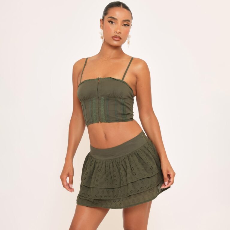 Strappy Hook And Eye Lace Trim Detail Top In Khaki Green, Women’s Size US 6