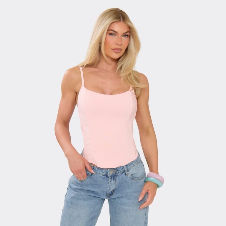 Strappy Longline Corset Top In Baby Pink Stretch Woven, Women’s Size US 2