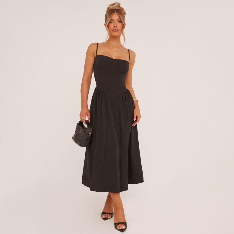 Strappy Pleated Skater Midaxi Dress In Black, Women’s Size US 2