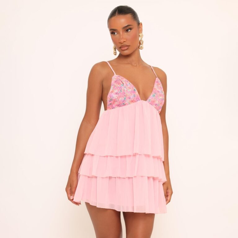 Strappy Plunge Neck Sequin Bust Layered Frill Mini Dress In Pink, Women’s Size US 0