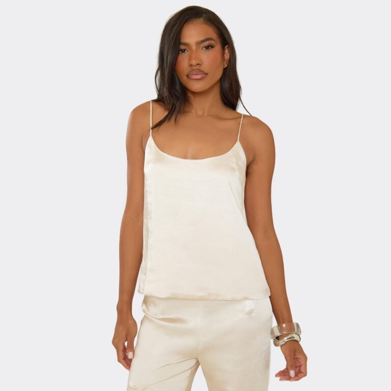 Strappy Scoop Neck Cami Top In Cream Satin, Women’s Size US 4