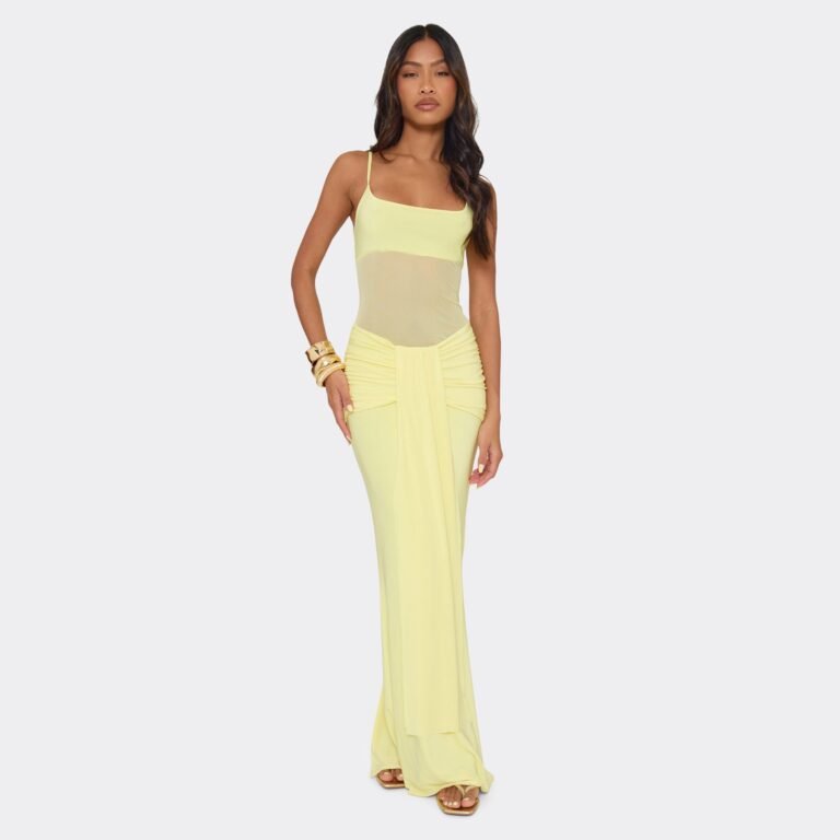 Strappy Sheer Panel Draped Front Ruched Maxi Dress In Yellow, Women’s Size US 0