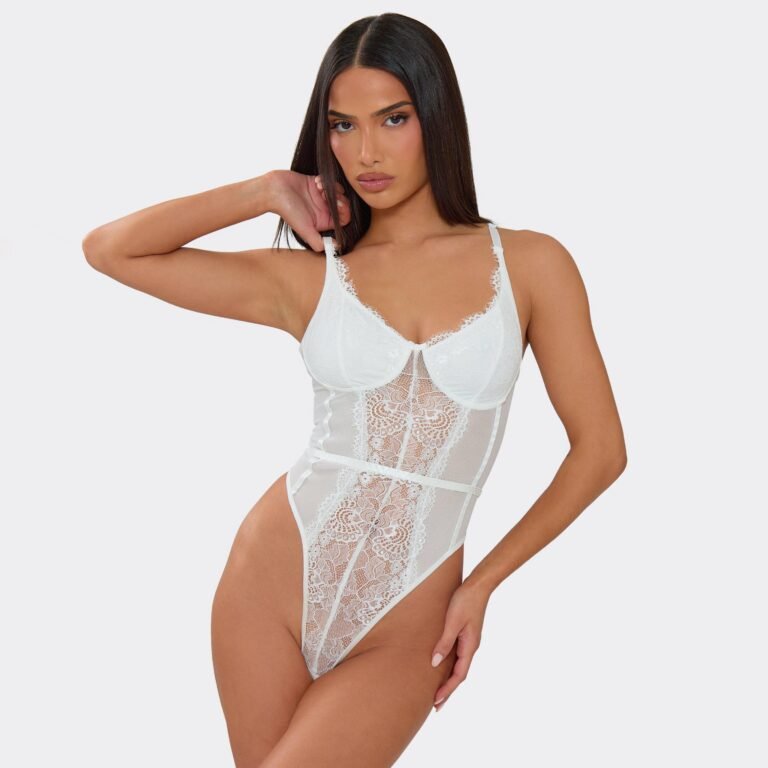 Strappy Underwired Bodysuit In White Lace, Women’s Size US S