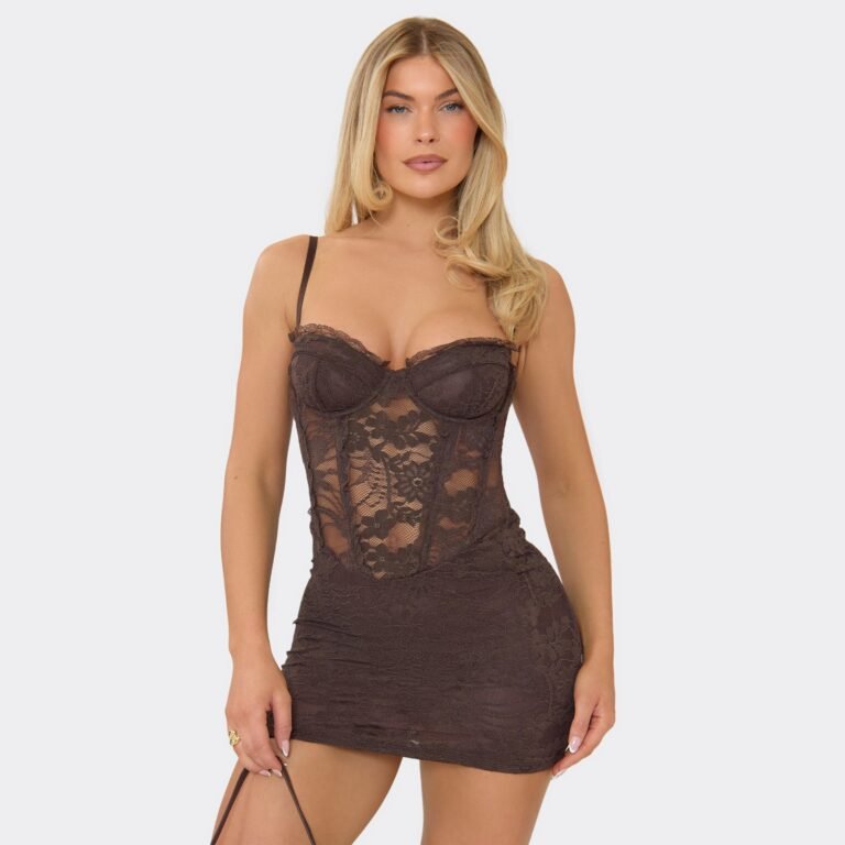 Strappy Underwired Lace Trim Corset Detail Mini Dress In Chocolate Brown, Women’s Size US