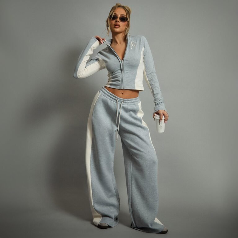Tie Waist Contrast Side Stripe Wide Leg Joggers In Grey, Women’s Size US 4