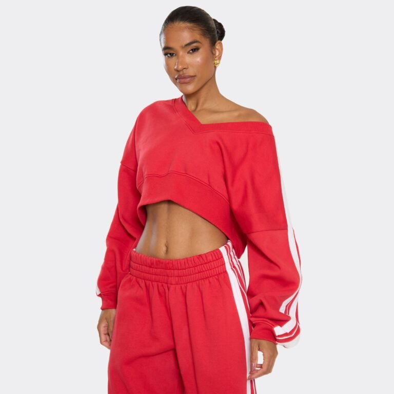 V Neck Long Sleeve Stripe Detail Cropped Sweatshirt In Red, Women’s Size US 8