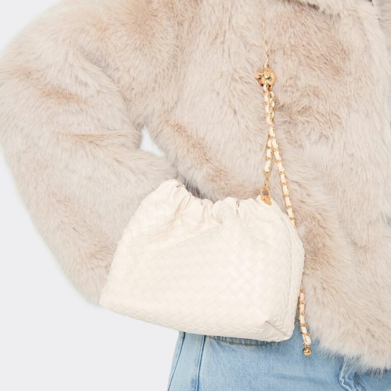 Wander Chain Strap Cross Body Bag In White Woven Faux Leather, Women’s Size US