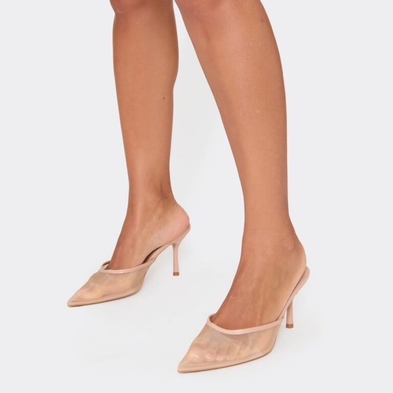 Willow Pointed Mesh Toe Heeled Mule In Nude Faux Leather, Women’s Size US