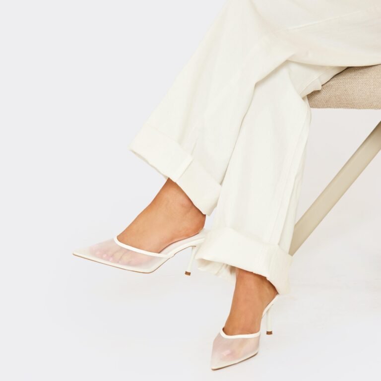 Willow Pointed Mesh Toe Heeled Mule In White Faux Leather, Women’s Size US
