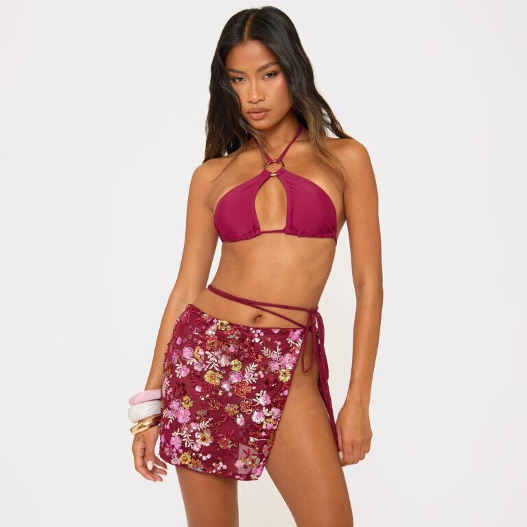 Wrap Waist Split Leg Beach Sarong In Burgundy Floral Print, Women’s Size US 2