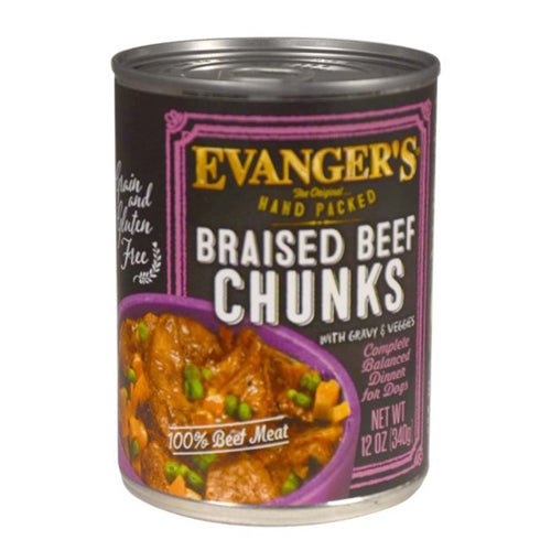 Evangers, Evanger’s Hand Packed Wet Dog Food, Braised Beef Chunks w/Gravy, 12Each/12 Oz