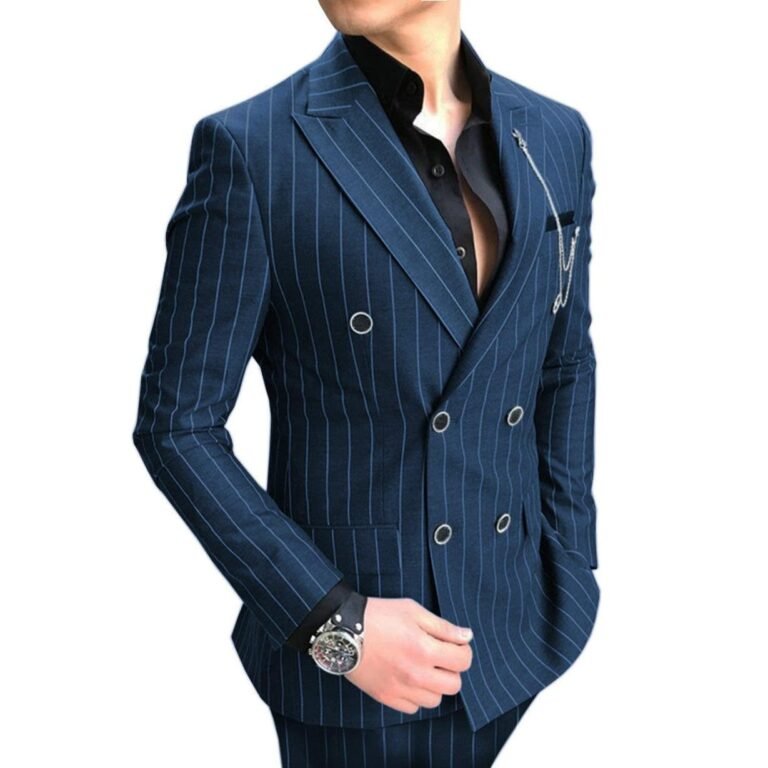 Formal Men’s 2 Pieces Pinstripe Suit Peak Lapel Striped Tuxedos (Blazer+Pants)