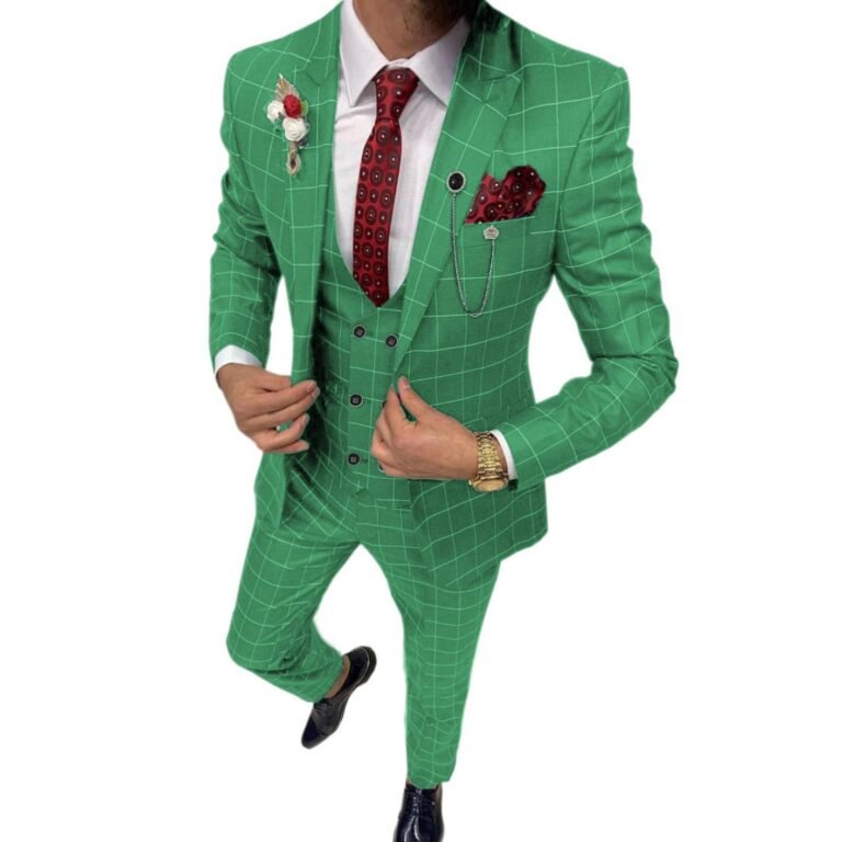 Formal Mens Suit 3 Pieces Check Plaid Peak Lapel Tuxedos for Wedding (Blazer+Vest+Pants)