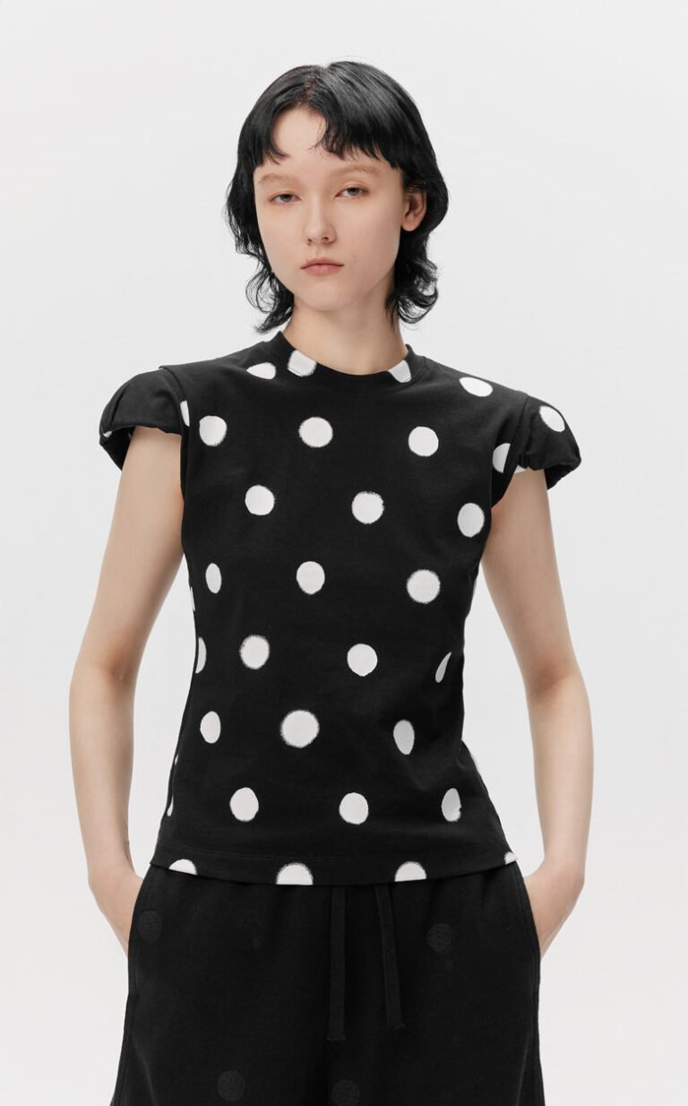 T-shirt / JNBY Polka Dot Slim Fit Round Neck Shoulder Pad Short Sleeve T-Shirt(100%