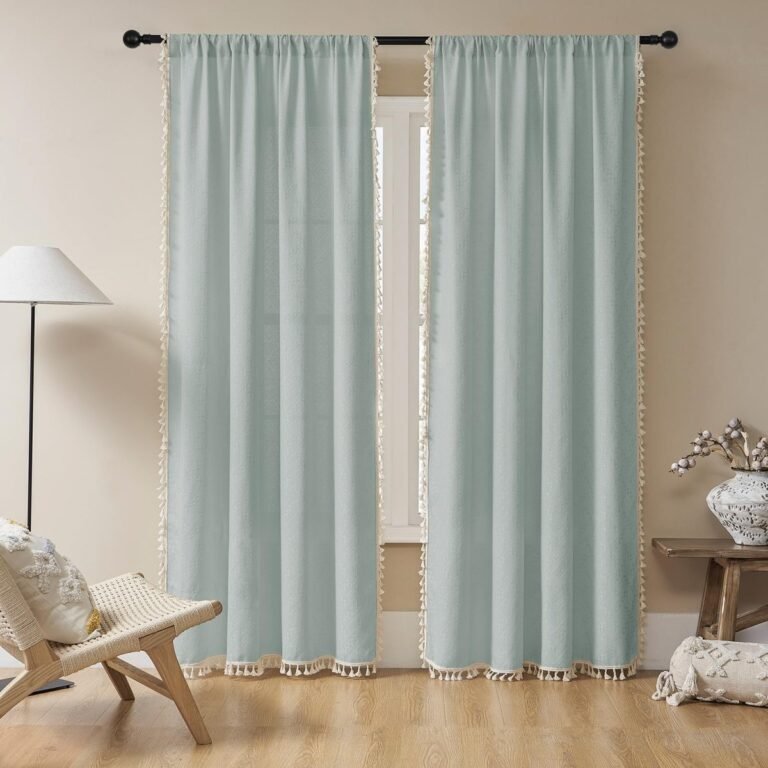 Joydeco Boho Ice Blue Linen Sheer Curtains – 2 Panel, Light Filtering, Farmhouse Style