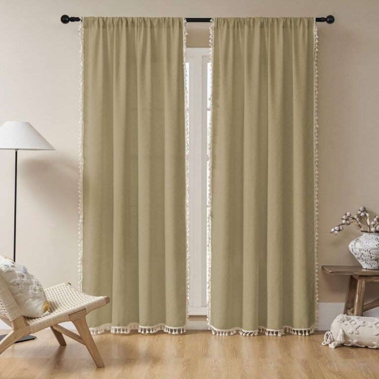 Joydeco Boho Khaki Linen Sheer Curtains – 2 Panel, Light Filtering, Farmhouse Style