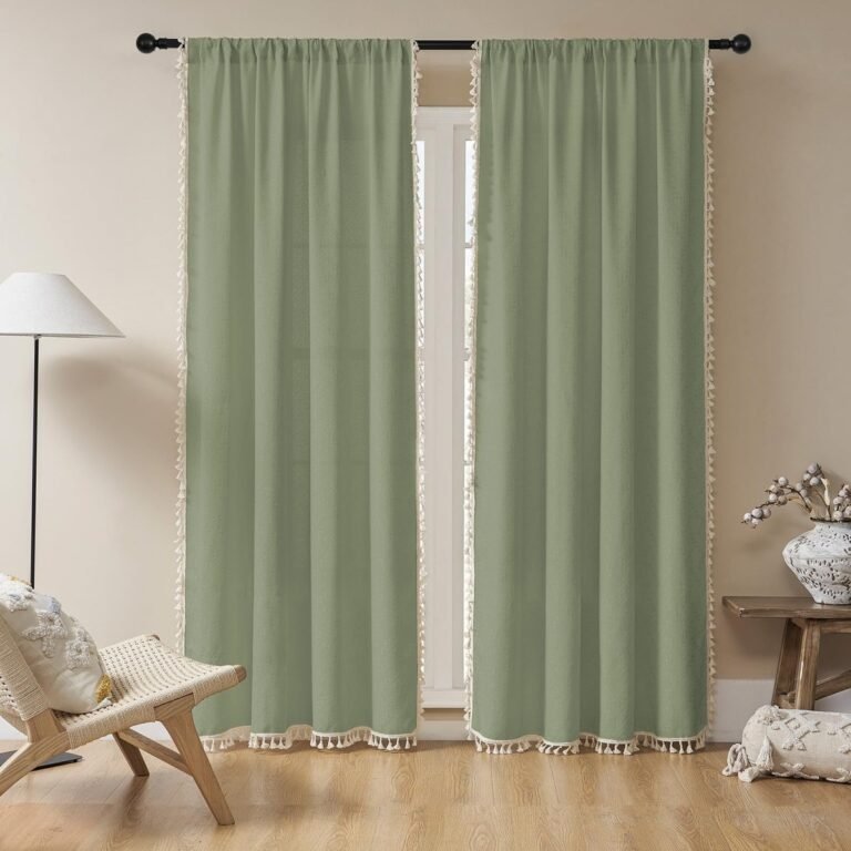 Joydeco Boho Sage Green Linen Sheer Curtains – 2 Panel, Light Filtering, Farmhouse Style