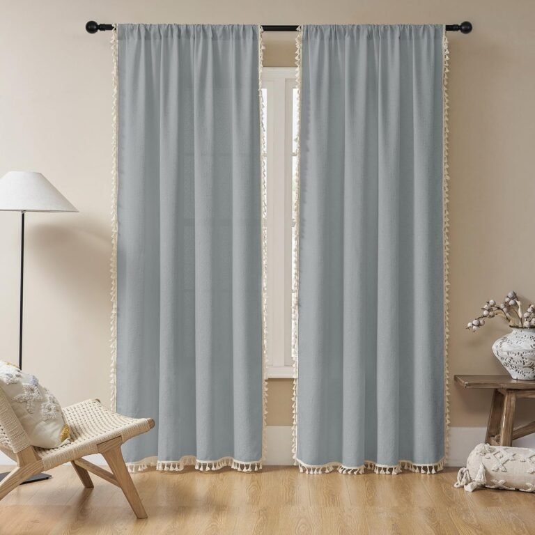 Joydeco Boho Stone Blue Linen Sheer Curtains – 2 Panels, Light Filtering, Farmhouse