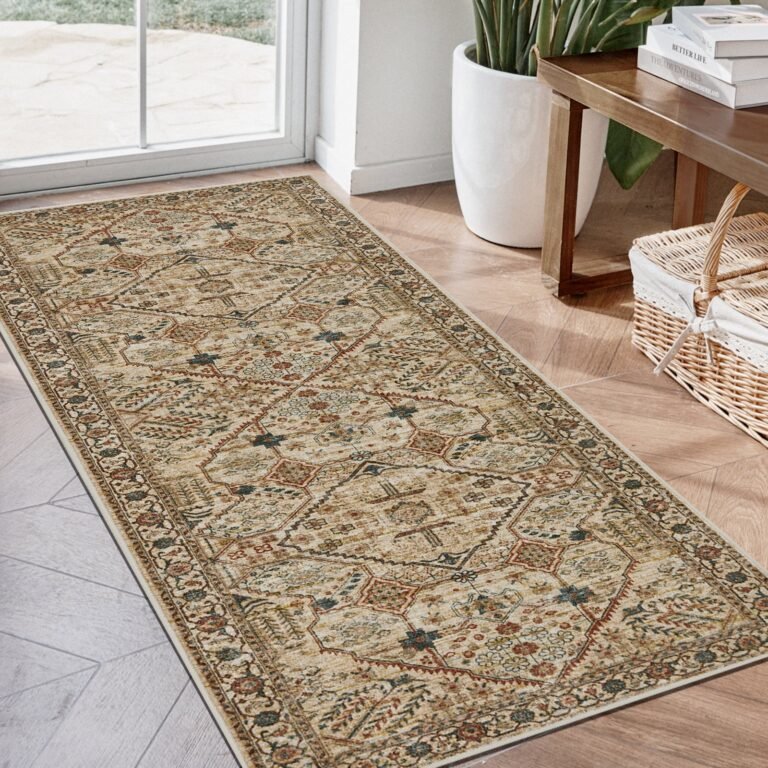 Joydeco Living Room Rug, Non Slip Machine Washable Vintage Runner Rug, Low Pile — Lightweight Chenille Print Rugs