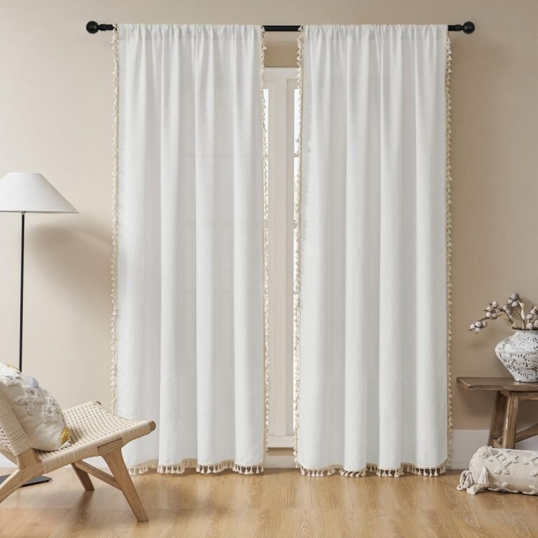 Joydeco White Boho Curtains Country Rustic Linen Sheer Curtains – 2 Panels