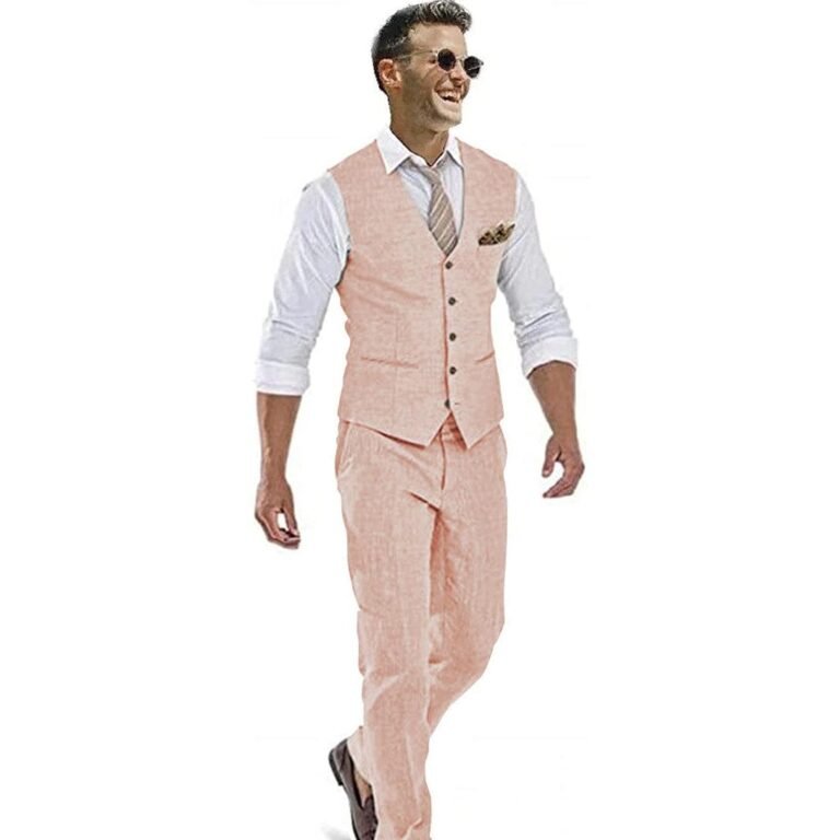 Linen Casual 2 Pieces Mens Suit Flat V Neck Groomsmen (Vest + Pants)