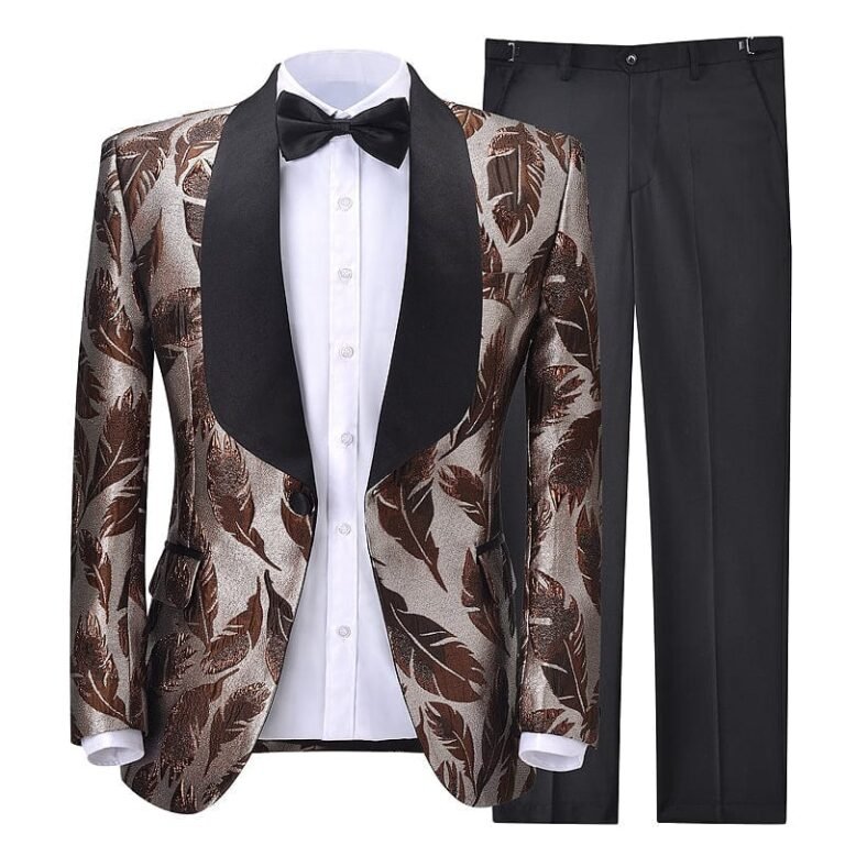 Men’s 2 Piece Floral patterned Tuxedo Suit Shawl Lapel (Blazer+Pants) – 34R / Brown
