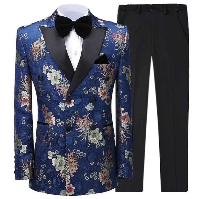 Men’s 2 Piece Patterned Solid Peak Lapel Double Breasted Slim Fit Suit
