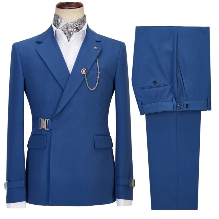 Men’s 2 Piece Suit with Metal Clasp Slim Fit Suit Stylish Tuxedo Suit Set – 50R / Blue