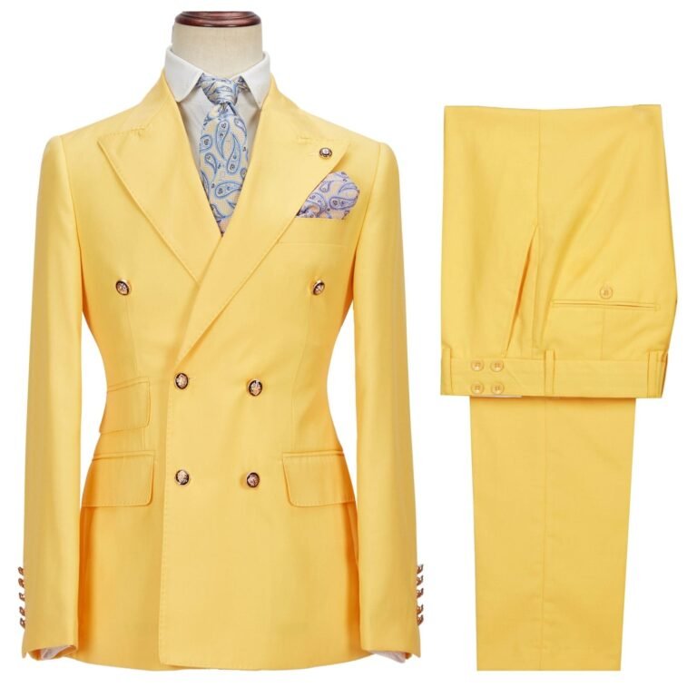 Men’s 2 Pieces Double Breasted Slim Fit Peak Lapel Gent Suit (Blazer+Pants) – 34R / Yellow