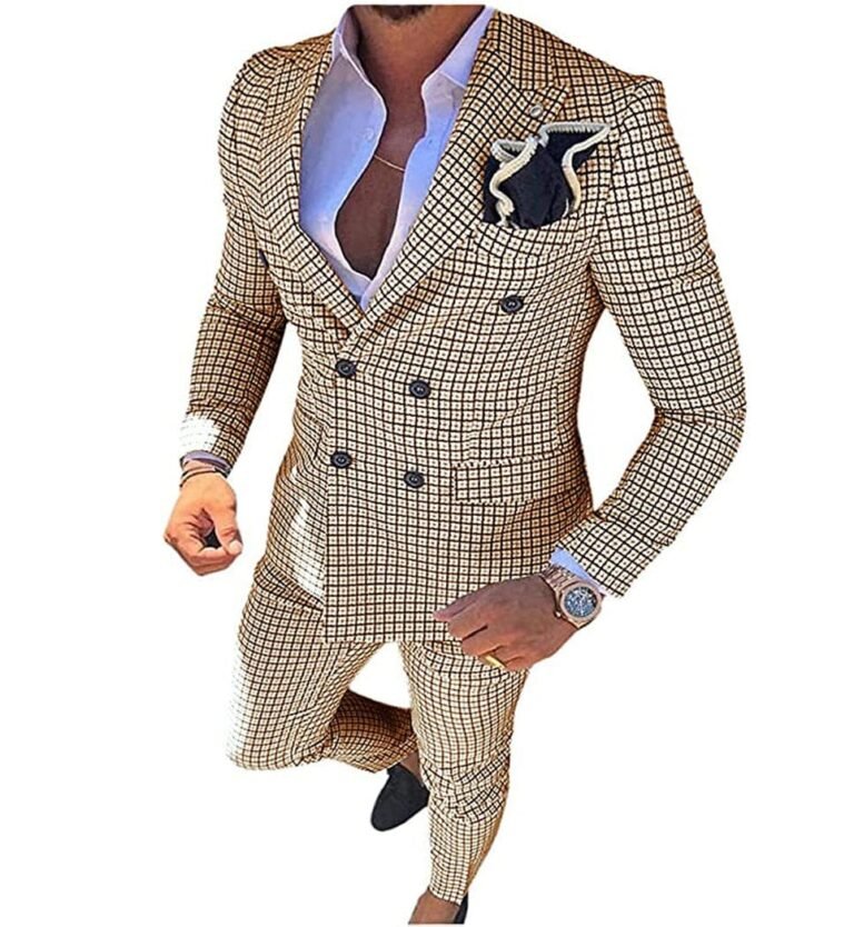 Mens 2 Pieces Plaid Suit Double Breasted Houndstooth Peak Lapel (Blazer+Pants)