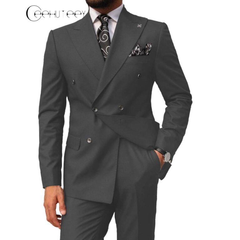 Mens 2 Pieces Suit Slim Fit Business Double Breasted Peak Lapel Tuxedos (Blazer+Pants)
