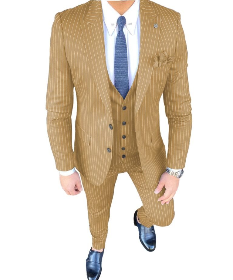 Men’s 3 Piece Slim Fit Pinstripe Peak Lapel Tuxedos (Blazer+vest+Pants) – 34R / Champagne