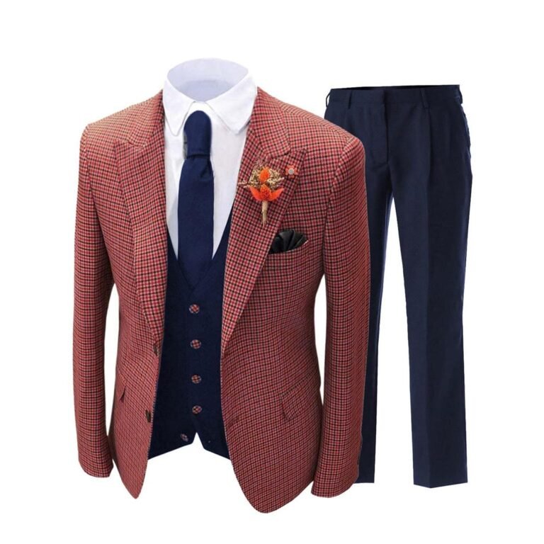 Men’s 3 Pieces Checked Houndstooth Peak Lapel Tuxedos (Blazer+vest+Pants) – 34R / Red