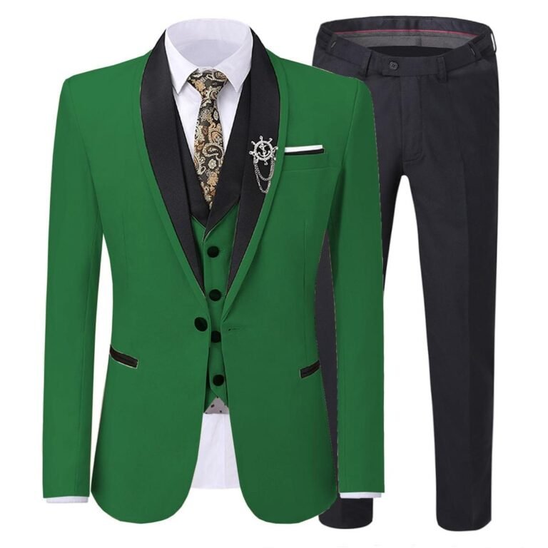 Men’s 3 Pieces Formal Suit Flat Notch Lapel Tuxedos (Blazer+vest+Pants) – 34R / Green