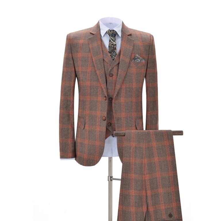 Men’s 3 Pieces Notch Lapel Plaid Formal Tuxedos (Blazer+vest+Pants) – 34R / Orange