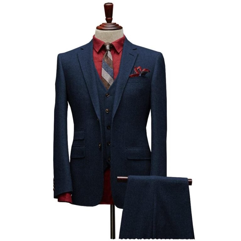 Men’s 3 Pieces Slim Fit Tweed Classic Herringbone Notch Lapel Tuxedos (Blazer+vest+Pants)