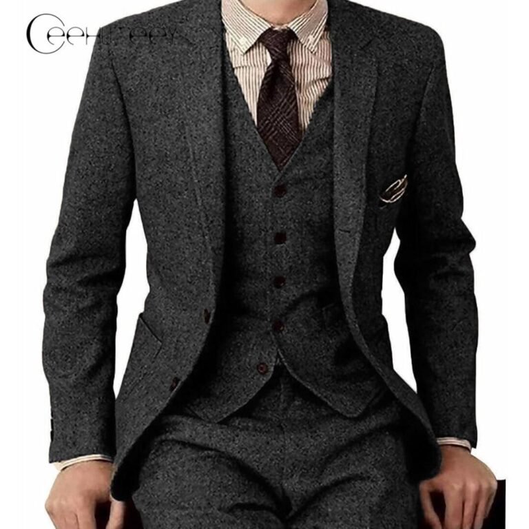 Men’s 3 Pieces Suit Classic Tweed Notch Lapel Tuxedos Prom(Blazer+vest+Pants)