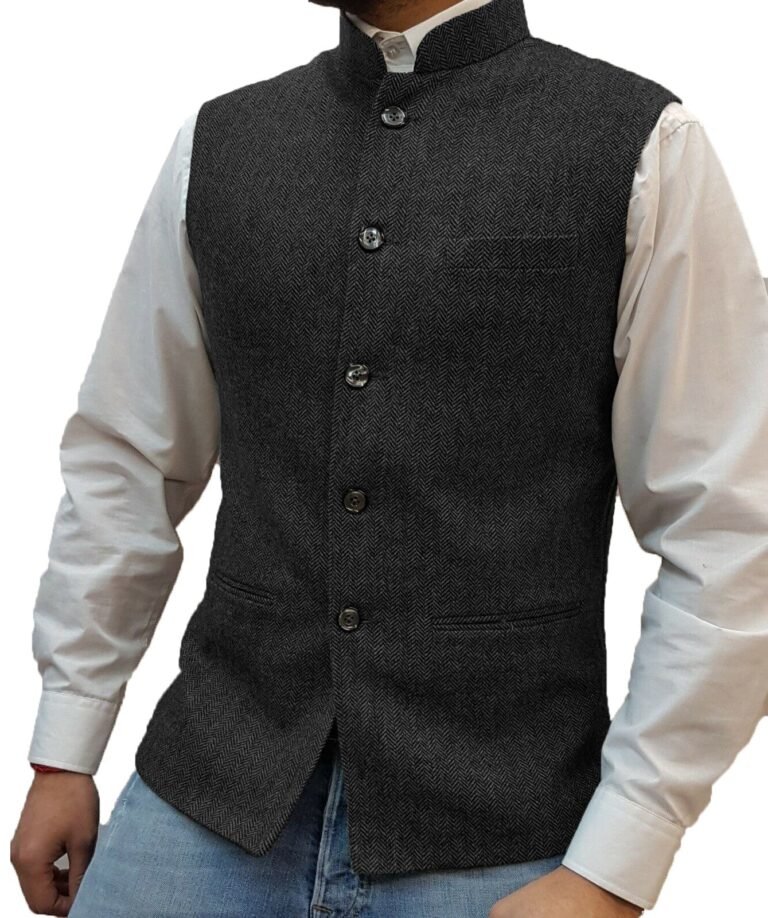 Men’s Casual Slim Fit herringbone Stand Collar Waistcoat