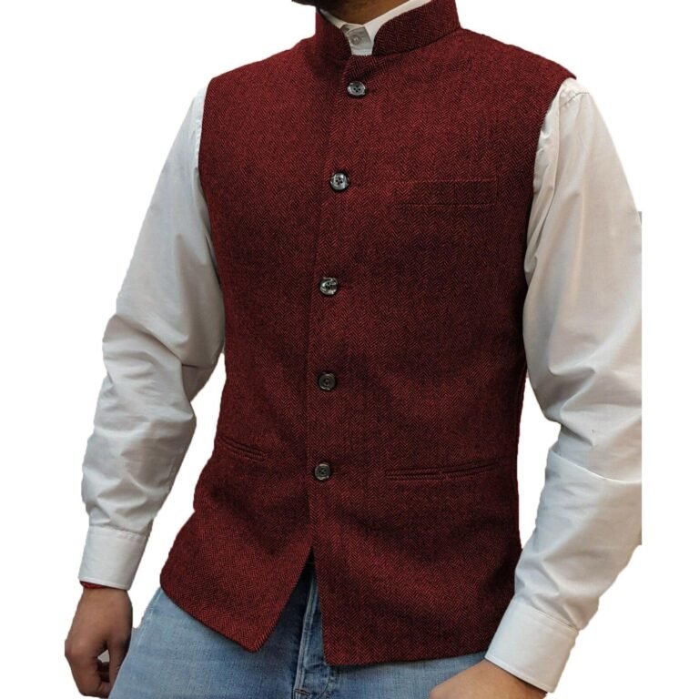 Men’s Casual Slim Fit herringbone Stand Collar Waistcoat – XS / Burgundy