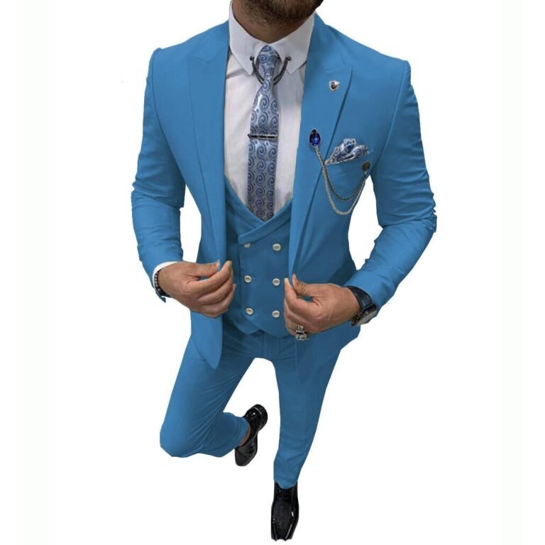 Mens Causual Slim Fit Peak Lapel 3 Piece Suits for Wedding – 34R / Blue