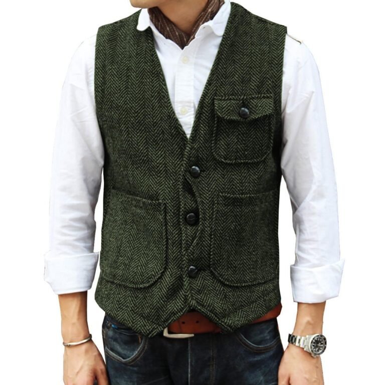 Mens Causual V Neck Tweed Herringbone Waistcoat