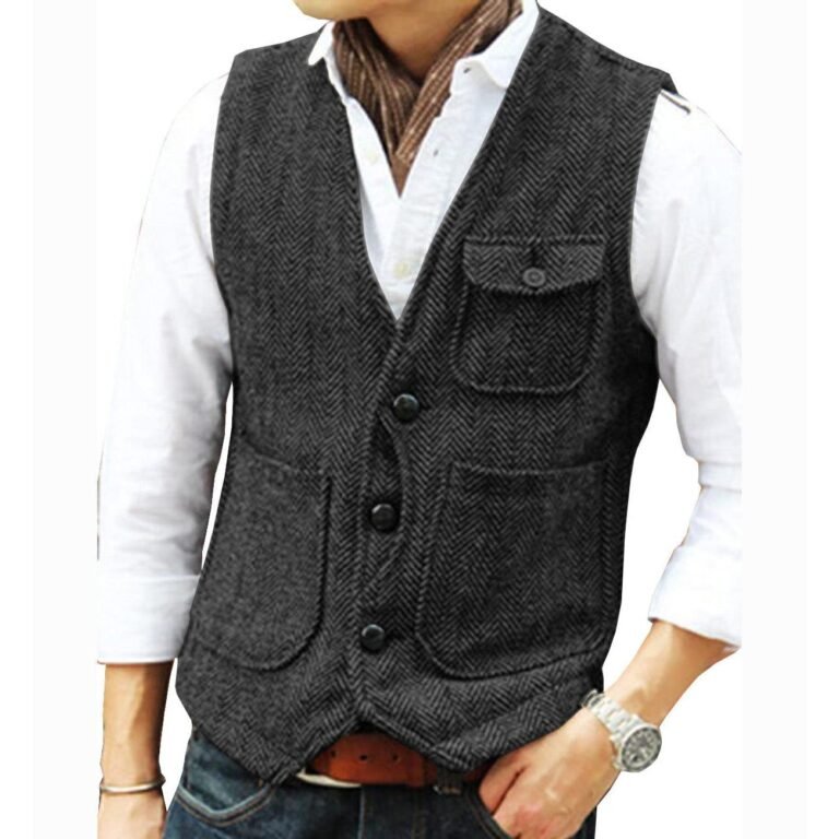 Mens Classic Tweed Herringbone Vintage V Neck Waistcoat – XS / Black