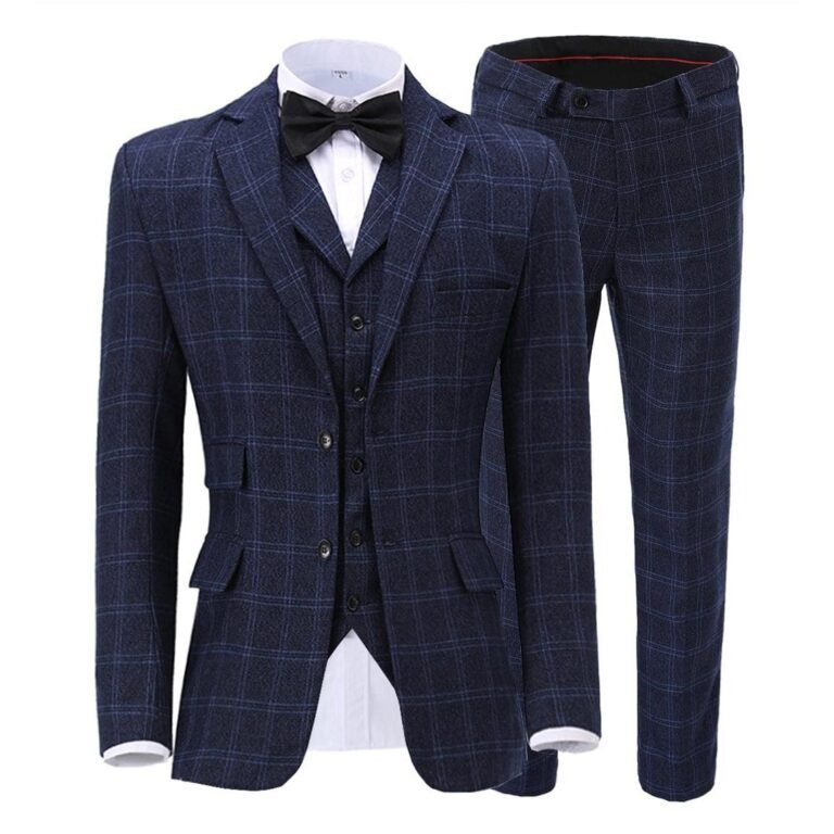 Mens Plaid 3 Piece Suits Slim Fit Double Breasted Plaid(Blazer+vest+Pants)