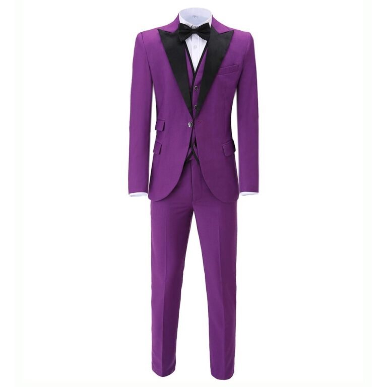 Men’s Slim Fit 3 Piece Suit One Button Business Wedding (Blazer+vest+Pants) – 34R / Purple
