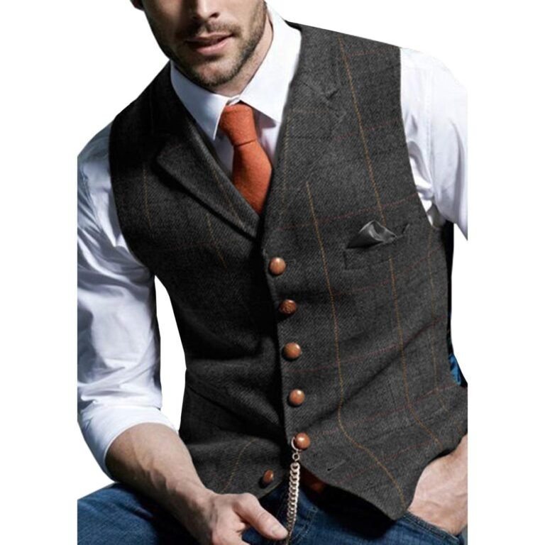 Men’s Slim Fit Plaid Casual Notch Lapel Waistcoat – XS / Black