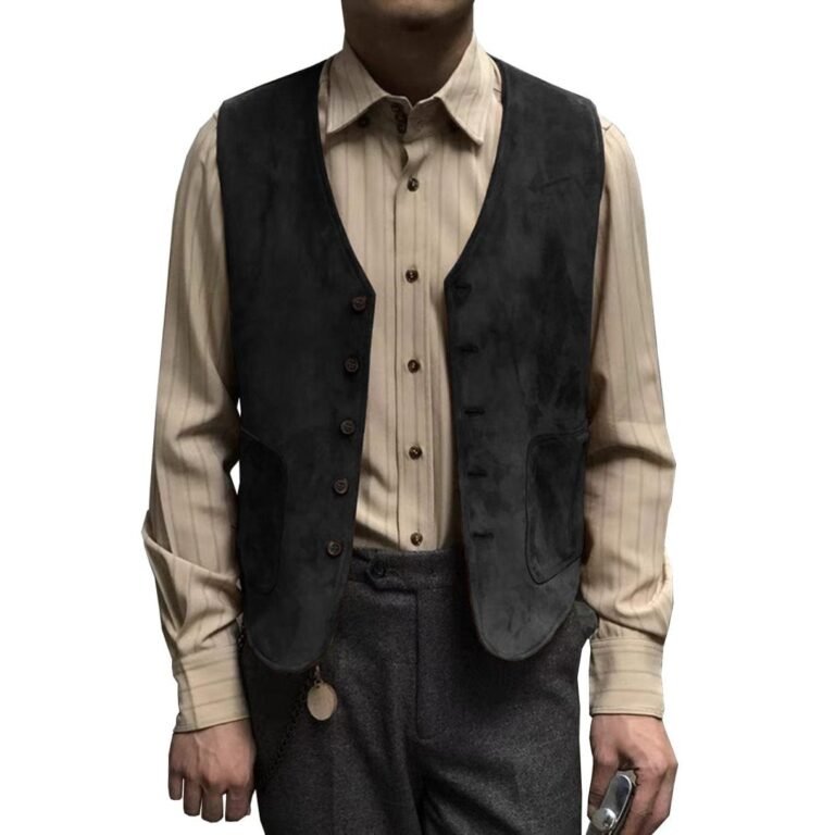 Men’s Suede Cowboy V Neck Denim Jacket Waistcoat – XS / Black