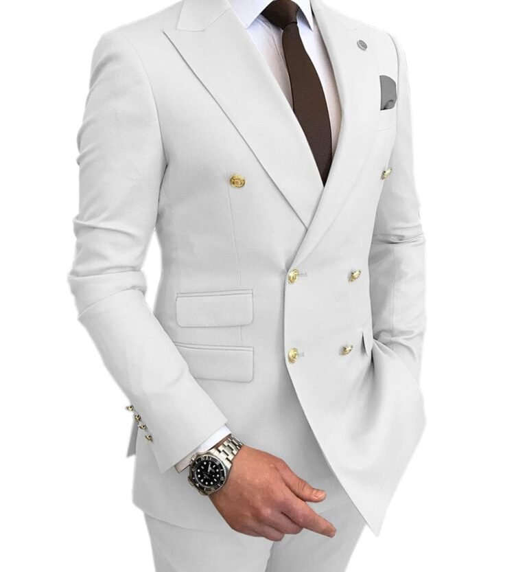 Men’s Suit Casual Double Breasted 2 Piece Business Wedding (Blazer+Pants) – 34R / White