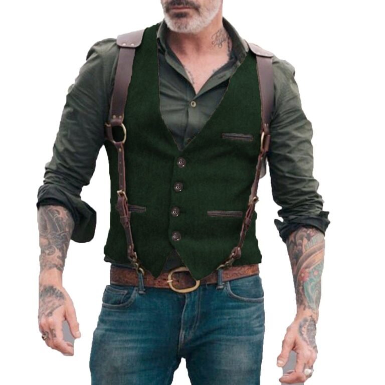 Men’s Tweed Herringbone Retro V Neck Waistcoat – 4XL / Army Green