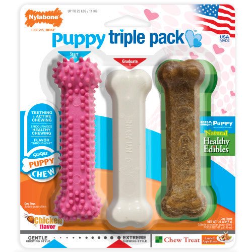 Nylabone, Nylabone Puppy Chew Variety Toy & Treat Triple Pack, 1 Each/SMall/Regular