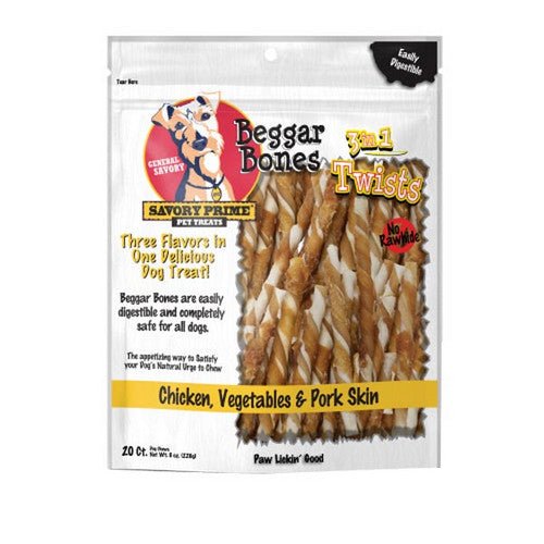 Savory Prime, Beggar Bone 3in1 Twists Dog Treat Chicken, Vegetable and Pork, 20 Count /